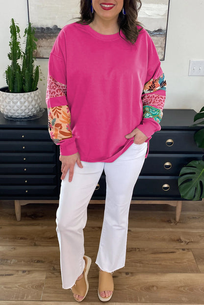 Green Plus Size Printed Patchwork Sleeve Split Sweatshirt