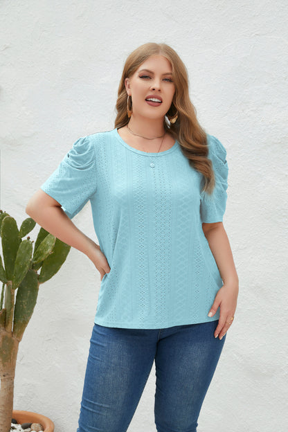 Puff Short Sleeve Eyelet Embroidery Plus Size Tops Loose Summer Shirt for Women