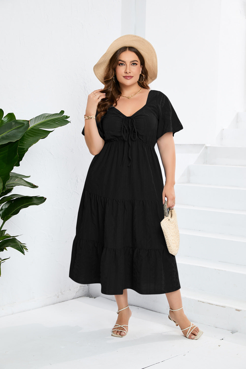 Ruffled Sleeve V Neck High Waist Tiered Smocked Plus Size Dresses