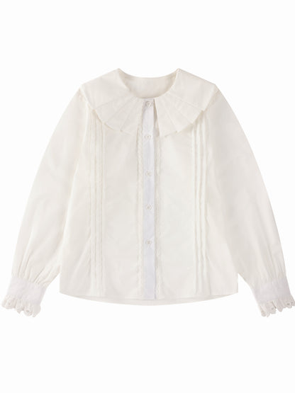 Girls White Lace Trim Long Sleeve Button Down Shirt