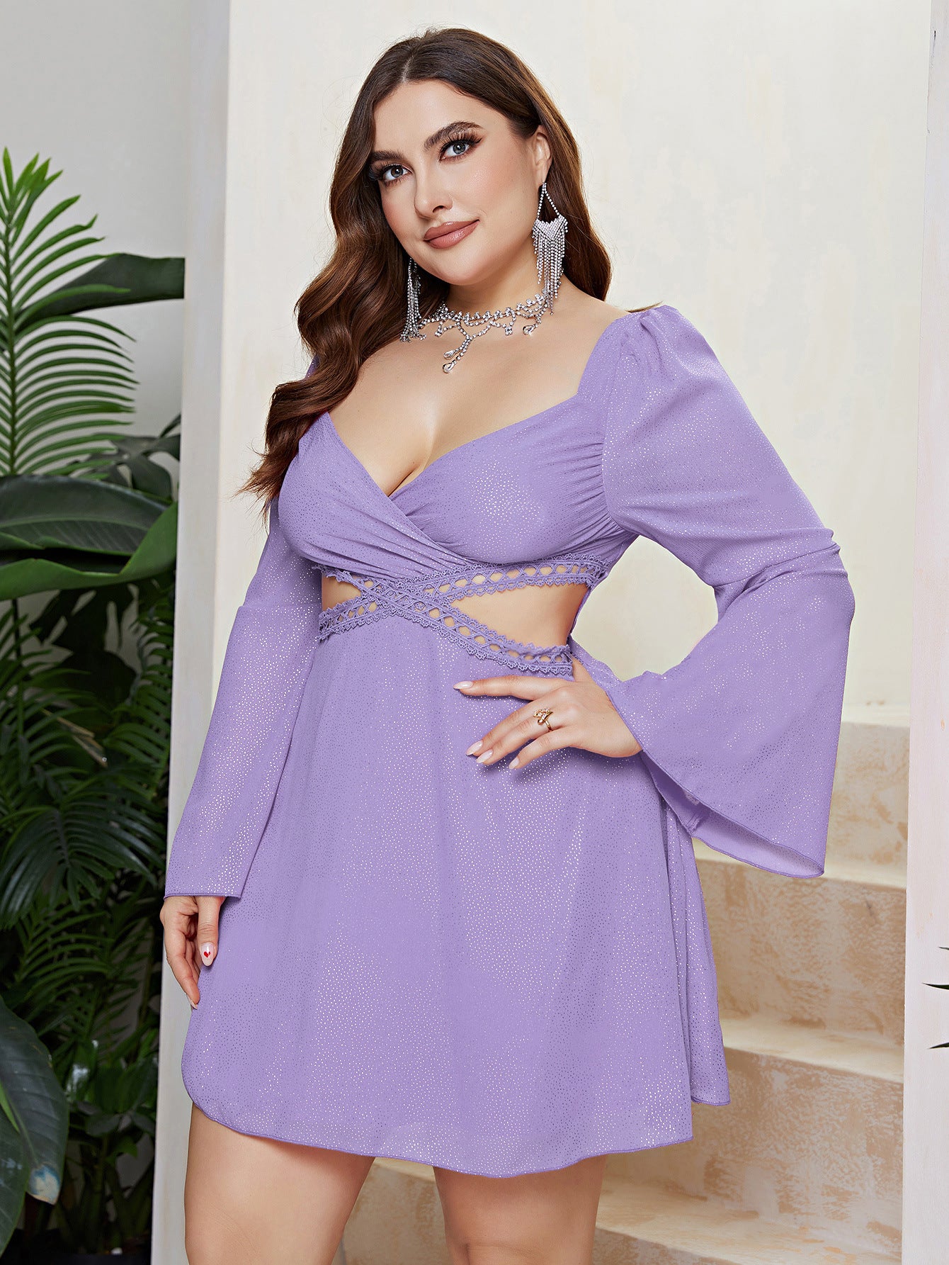 Flared Sleeve Wrap Cutout Plus Size Dresses