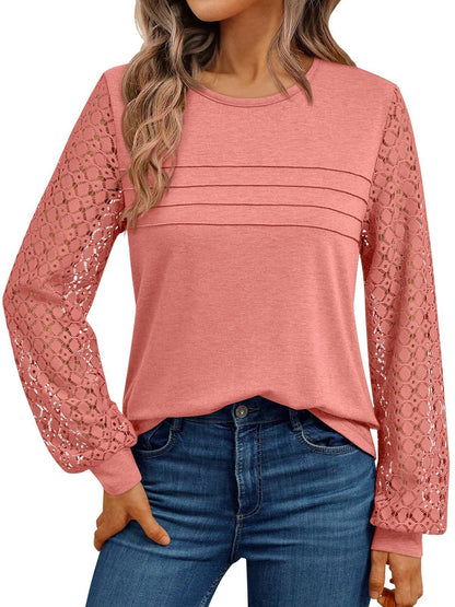 Lace Sleeve Patchwork Knit Pullover Top for Women