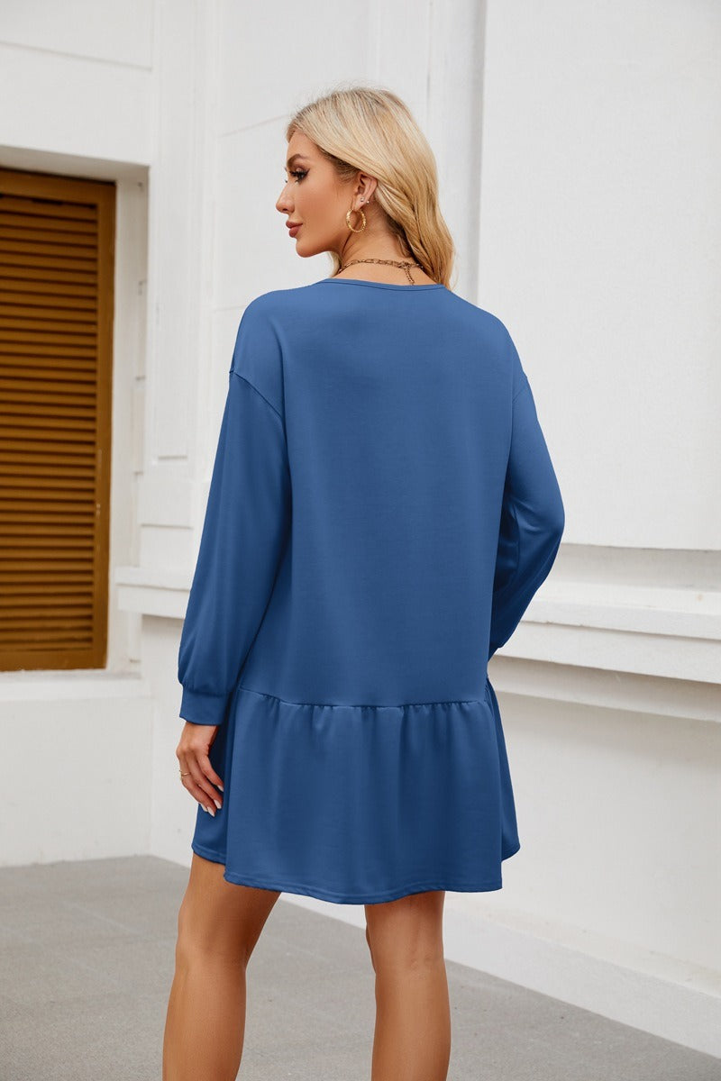 Long Sleeve Sweatshirt Dress - Casual Crewneck Pullover