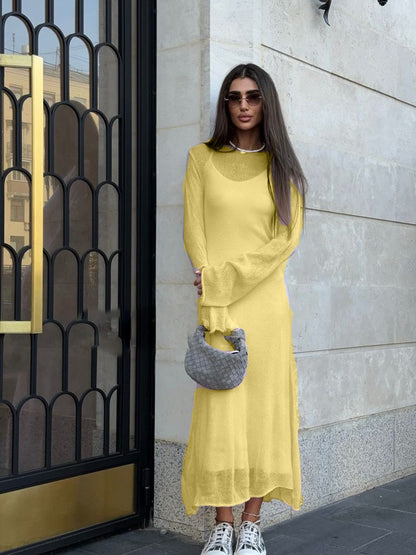 Sheer Knit Maxi Dress Set Long Sleeve Overlay with Slip