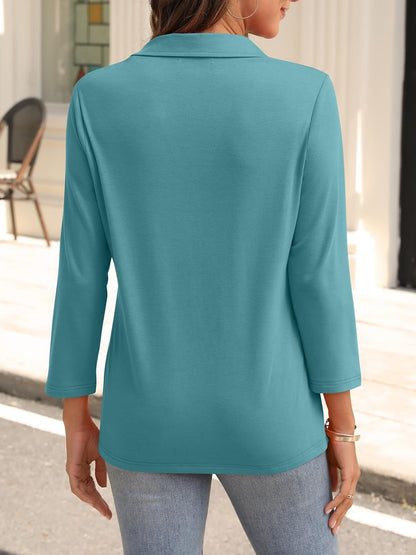 2025 Women's V-neck Polo Shirt 3/4 Sleeve Casual Top