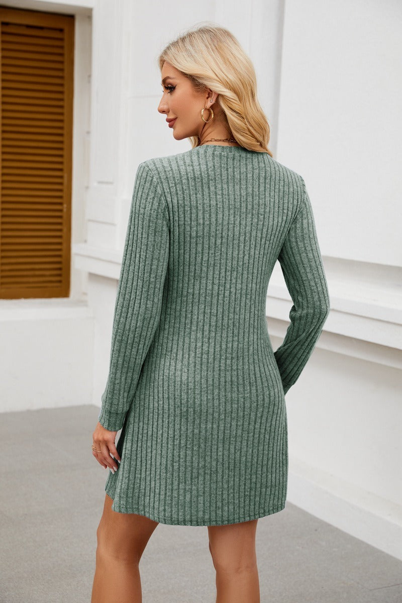 V Neck Ribbed Knit Dress - Brushed Long Sleeve Mini