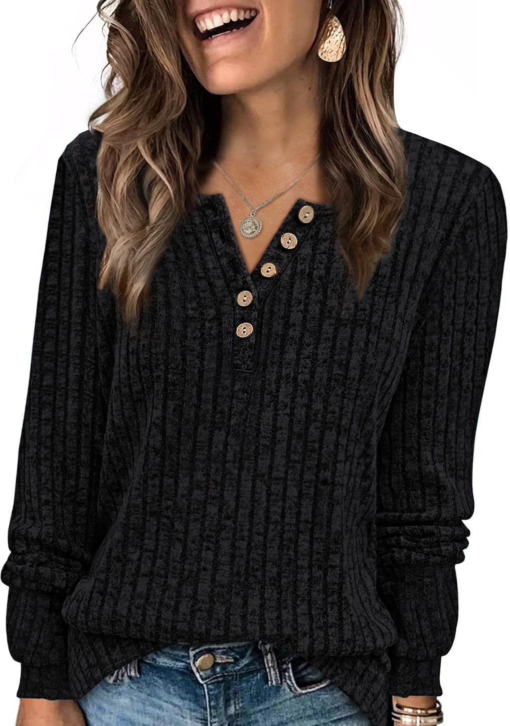 Ribbed V-Neck Button Knit Long Sleeve Pullover