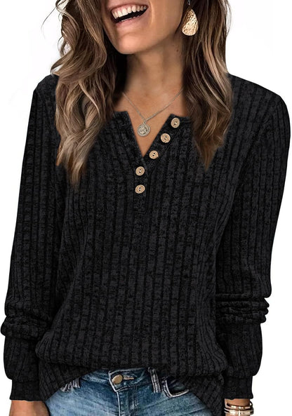 Ribbed V-Neck Button Knit Long Sleeve Pullover