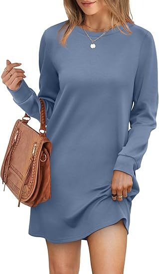 Cozy Long Sleeve Crewneck Sweatshirt Dress with Pockets