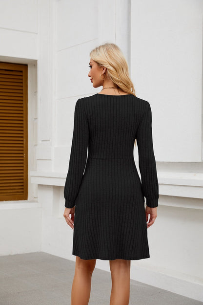 Square Neck Ribbed Knit Dress with Pockets