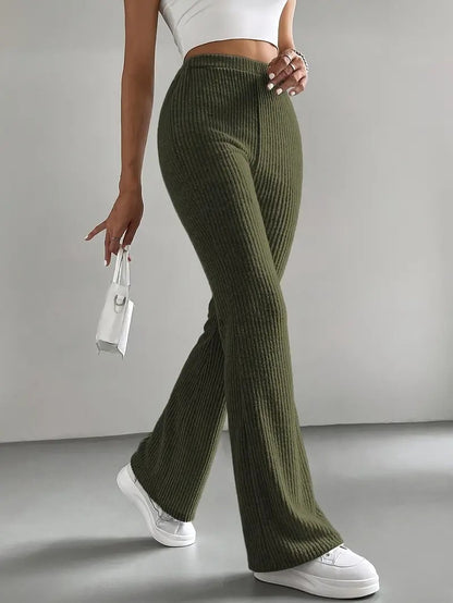 High Waist Ribbed Knit Flare Pants for Women