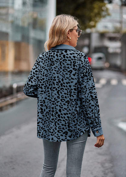 Leopard Print Corduroy Button Down Oversized Shirt Jacket