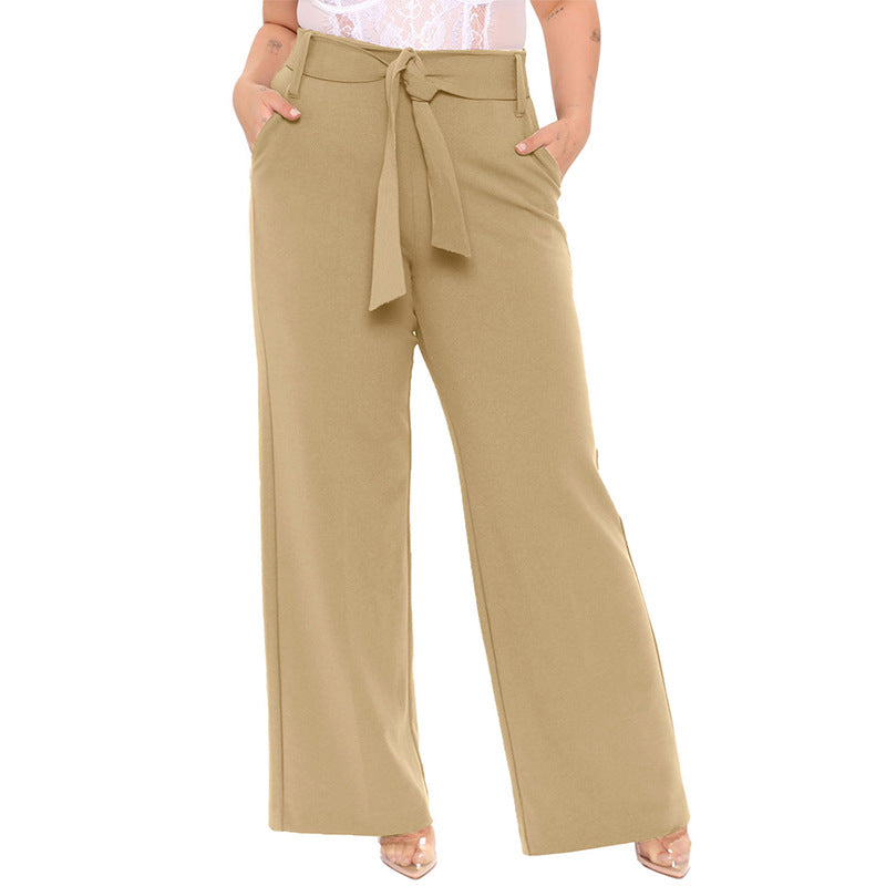 Belted Wide Leg Pants Women's Solid Color Plus Size Loose Casual Leisure Wind Pants