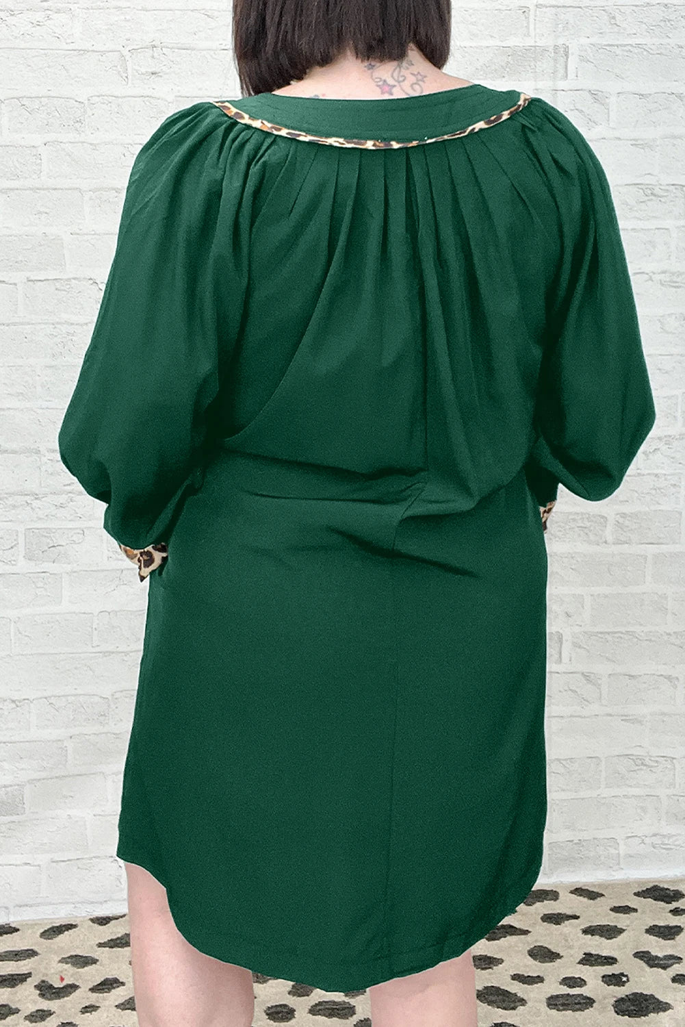 Evergreen Plus Size Notched Neck Leopard Trim Flounce Long Sleeve Shift Dress