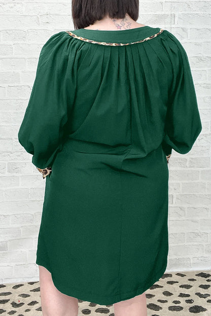 Evergreen Plus Size Notched Neck Leopard Trim Flounce Long Sleeve Shift Dress