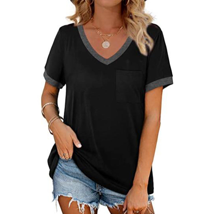 T Shirt Short Sleeve V Neck Loose Casual Top with Pocket Plus Size