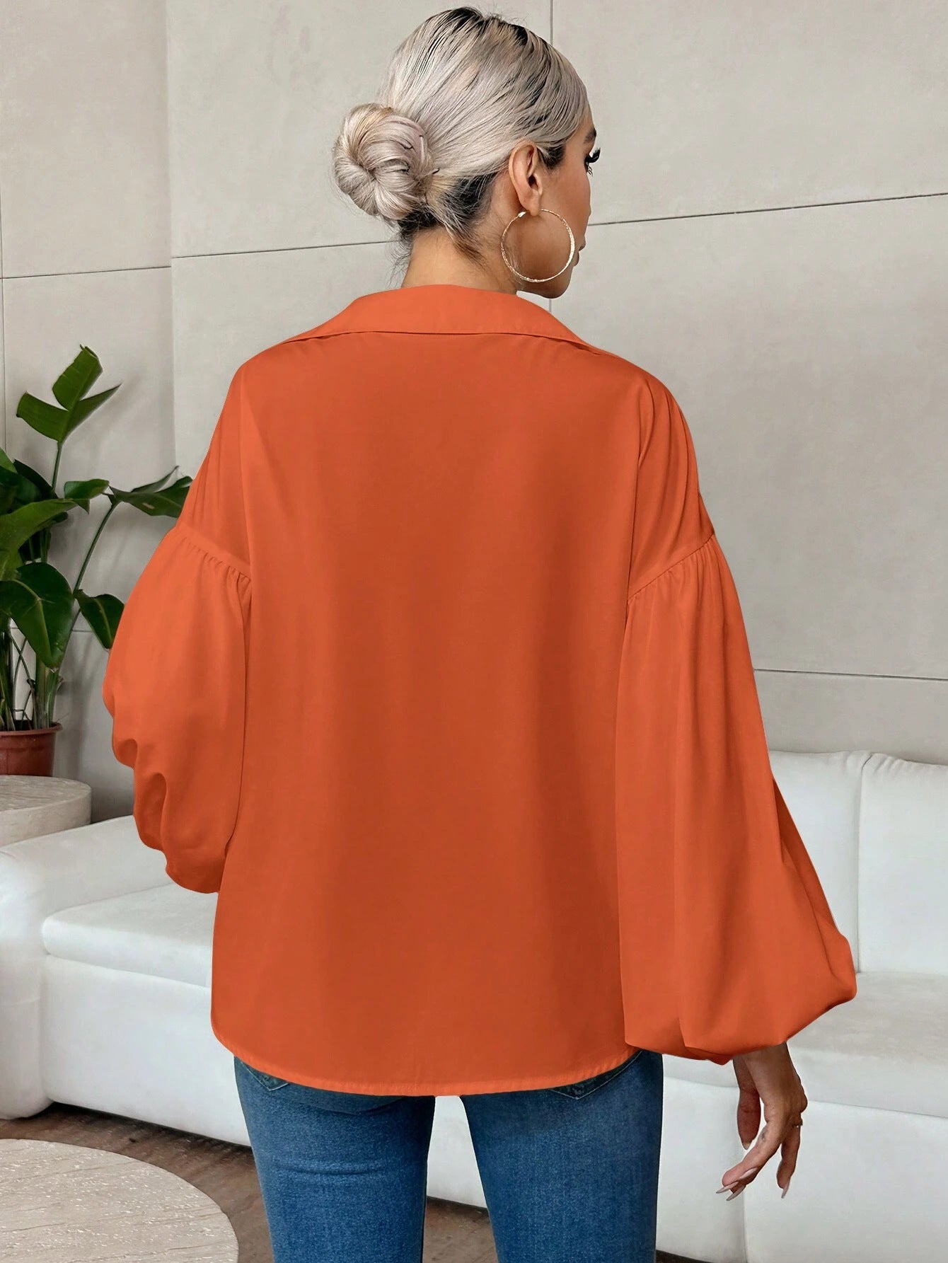 Black V Neck Lantern Sleeve Blouse Loose Fit Top