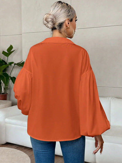 Black V Neck Lantern Sleeve Blouse Loose Fit Top