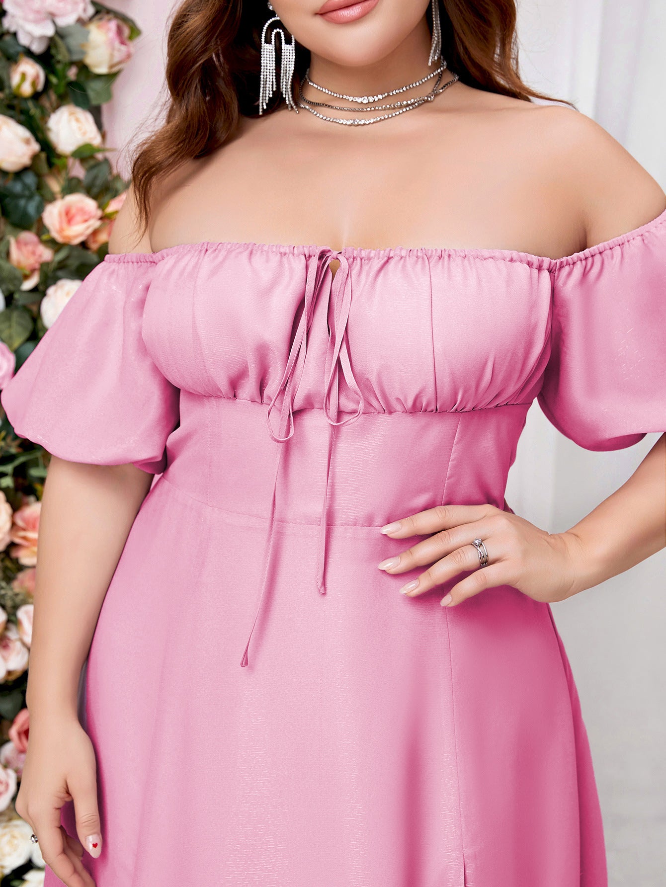 Woman Off Shoulder Half Sleeve High Waist Side Split Plus Size Dresses