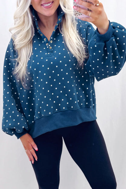 Polka Dot Button Collar Pullover Sweatshirt