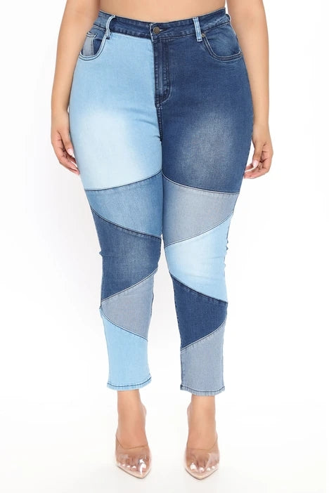 Plus Size Women Mid Waist Stretchy Patchwork Denim Pants Jeans