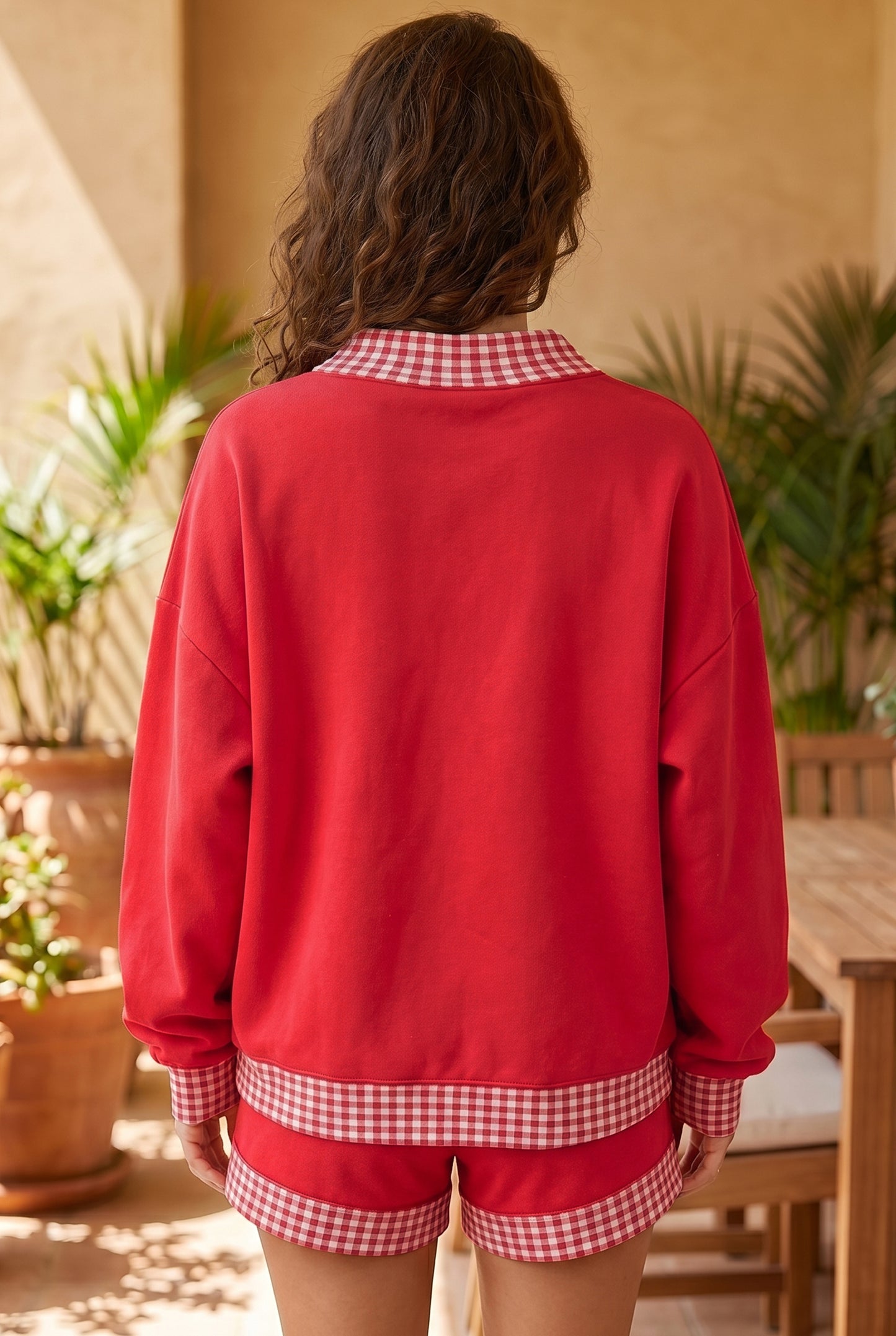 Red Gingham Trim Sweatshirt Shorts Two Piece Set
