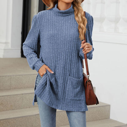 Women's Ribbed Mock Neck Long Sleeve Tunic with Pockets