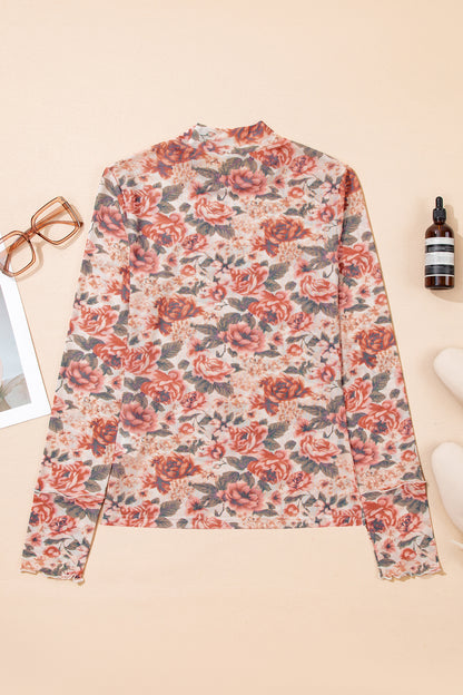 Vintage Floral Mesh Long Sleeve Mock Neck Slim Fit Top