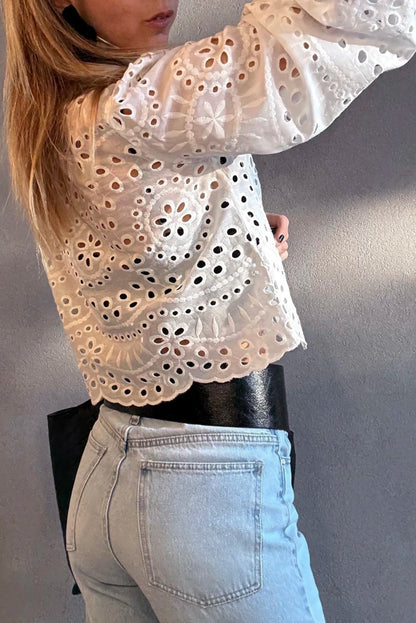White Eyelet Embroidered Puff Sleeve Button Crop Shirt