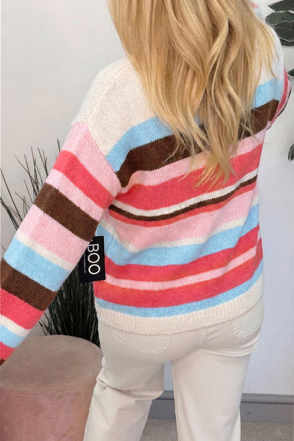 Multicolor Striped Colorblock Drop Shoulder Knit Cardigan