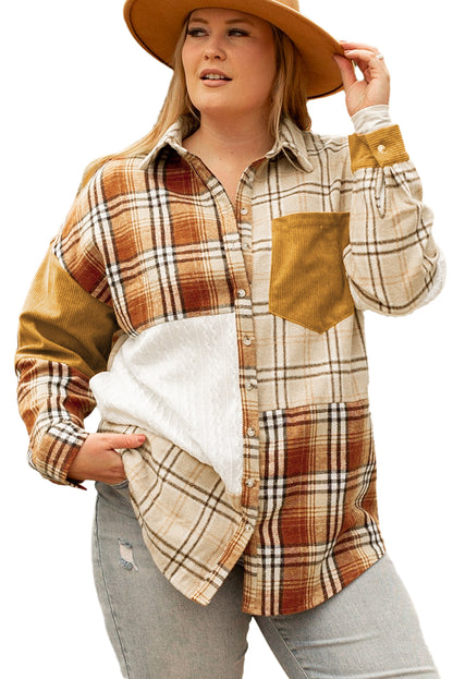 Golden Apricot Plus Size Plaid Patchwork Button up Shacket