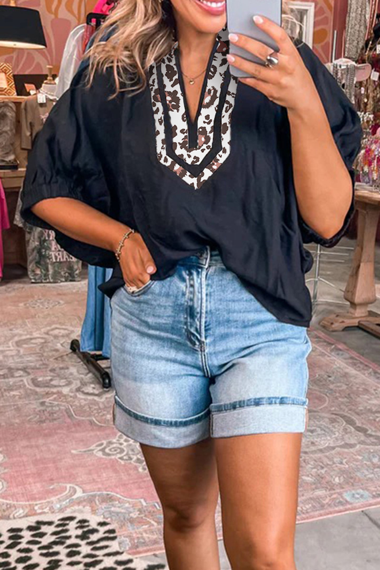 Rose Leopard Trim V Neck Dolman Sleeve Blouse Loose Fit Top