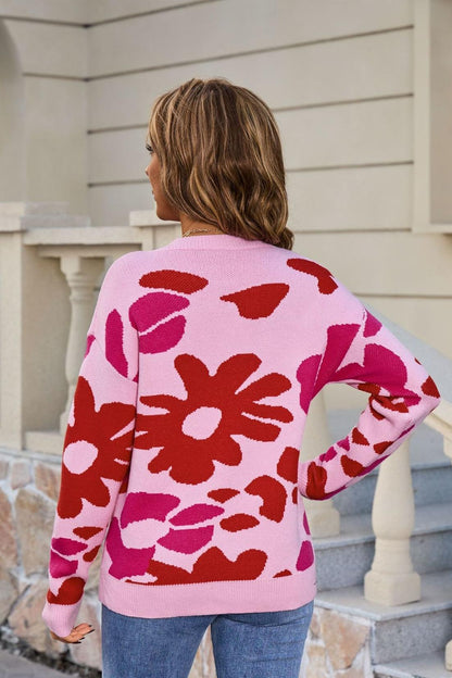 Bold Floral Print Pullover – Colorful Knit Sweater for Fall