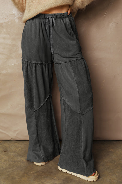 Women's Black Mineral Wash Wide Leg Patchwork Pants
