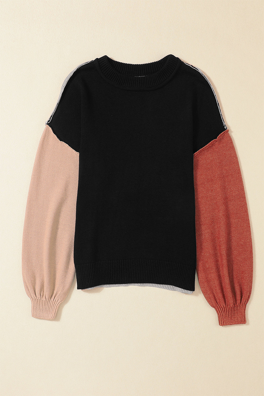 Colorblock Bishop Sleeve Ribbed Knit Sweater