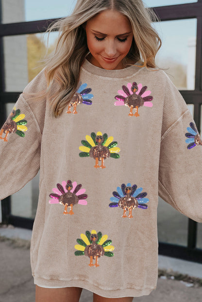 Sequined Turkey Corded Oversized Thanksgiving Sweatshirt