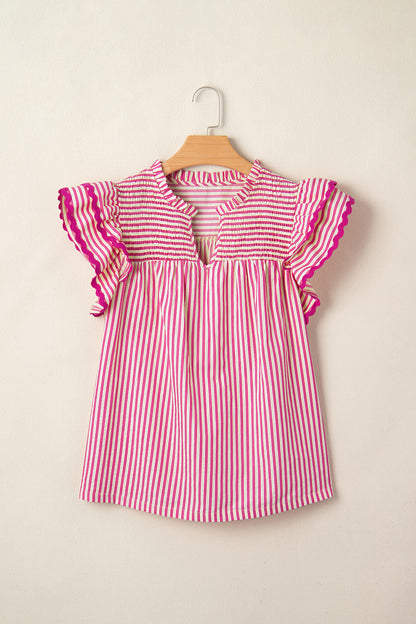 Rose Stripe Shirred Blouse Ruffle Sleeve Summer Top