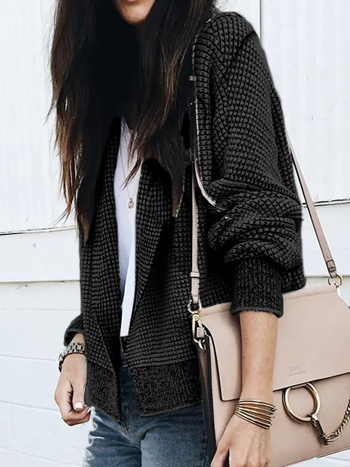 Contrast Trim Plaid Open-Front Knit Cardigan