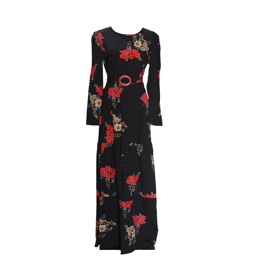 Women's Floral Maxi Dress Long Sleeve Belted Stretchy Flowy