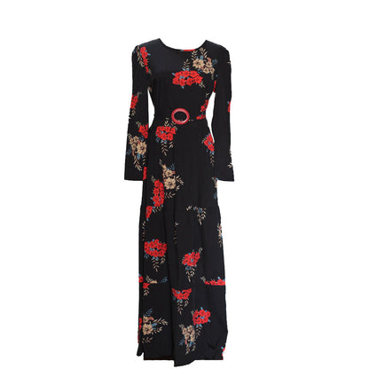 Women's Floral Maxi Dress Long Sleeve Belted Stretchy Flowy