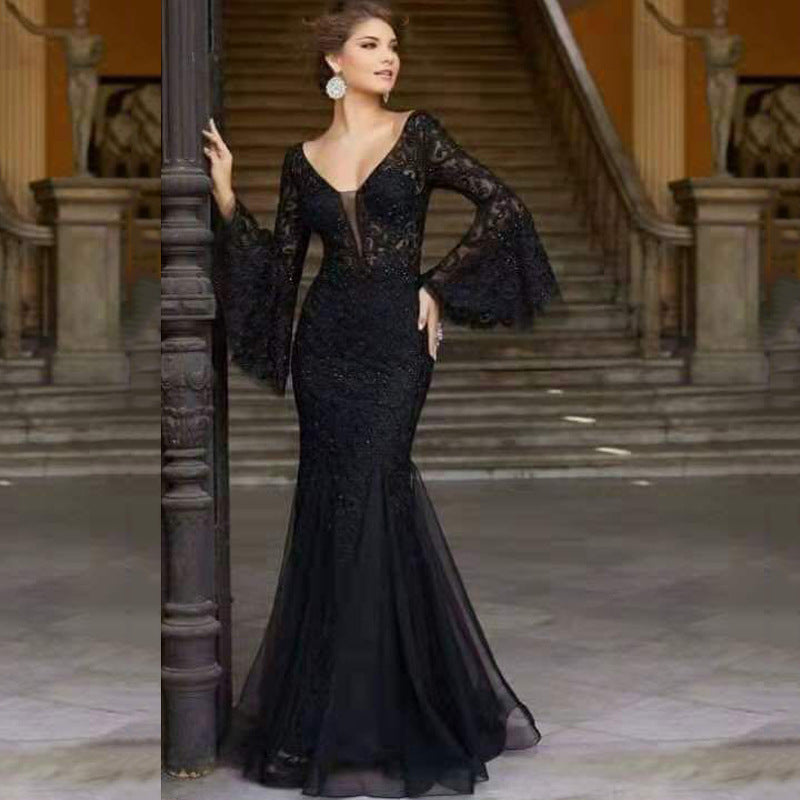 Sexy V-Neck Lace Mermaid Evening Gown Bell Sleeves