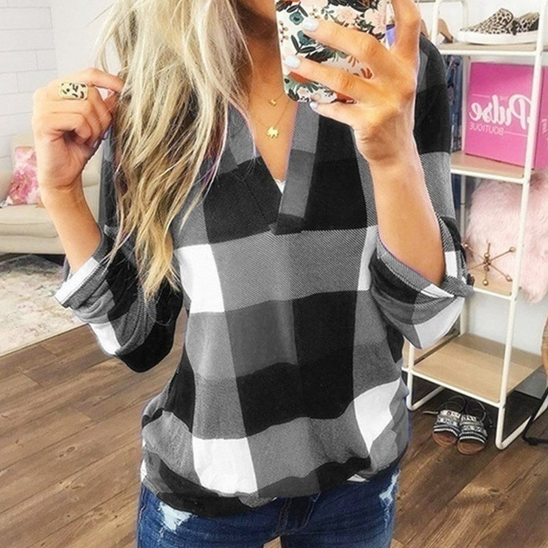 Women's Buffalo Plaid V-Neck Long Sleeve Top