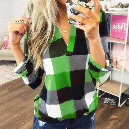 Women's Buffalo Plaid V-Neck Long Sleeve Top