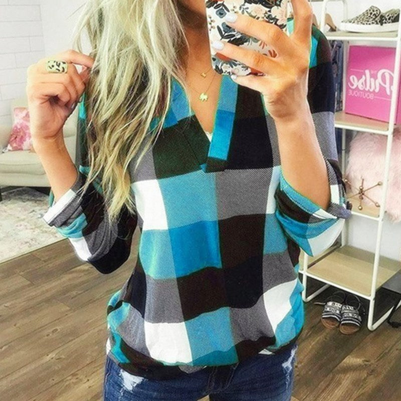 Women's Buffalo Plaid V-Neck Long Sleeve Top