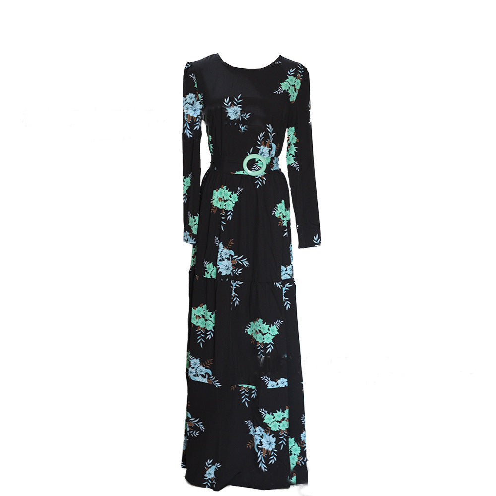 Women's Floral Maxi Dress Long Sleeve Belted Stretchy Flowy