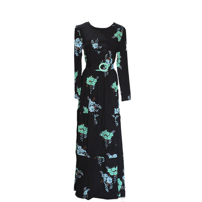 Women's Floral Maxi Dress Long Sleeve Belted Stretchy Flowy