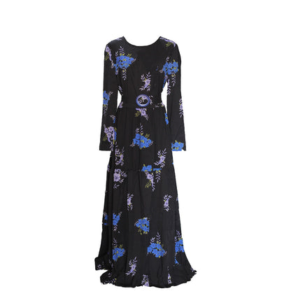 Women's Floral Maxi Dress Long Sleeve Belted Stretchy Flowy