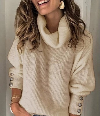 Women's Chunky Knit Turtleneck Sweater Button Cuff