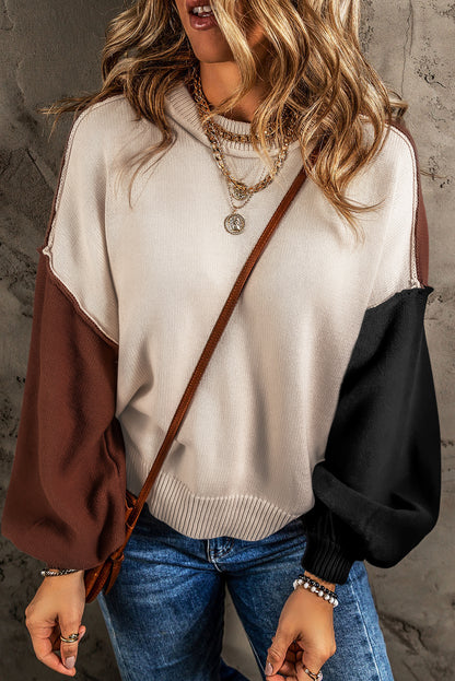Colorblock Bishop Sleeve Ribbed Knit Sweater