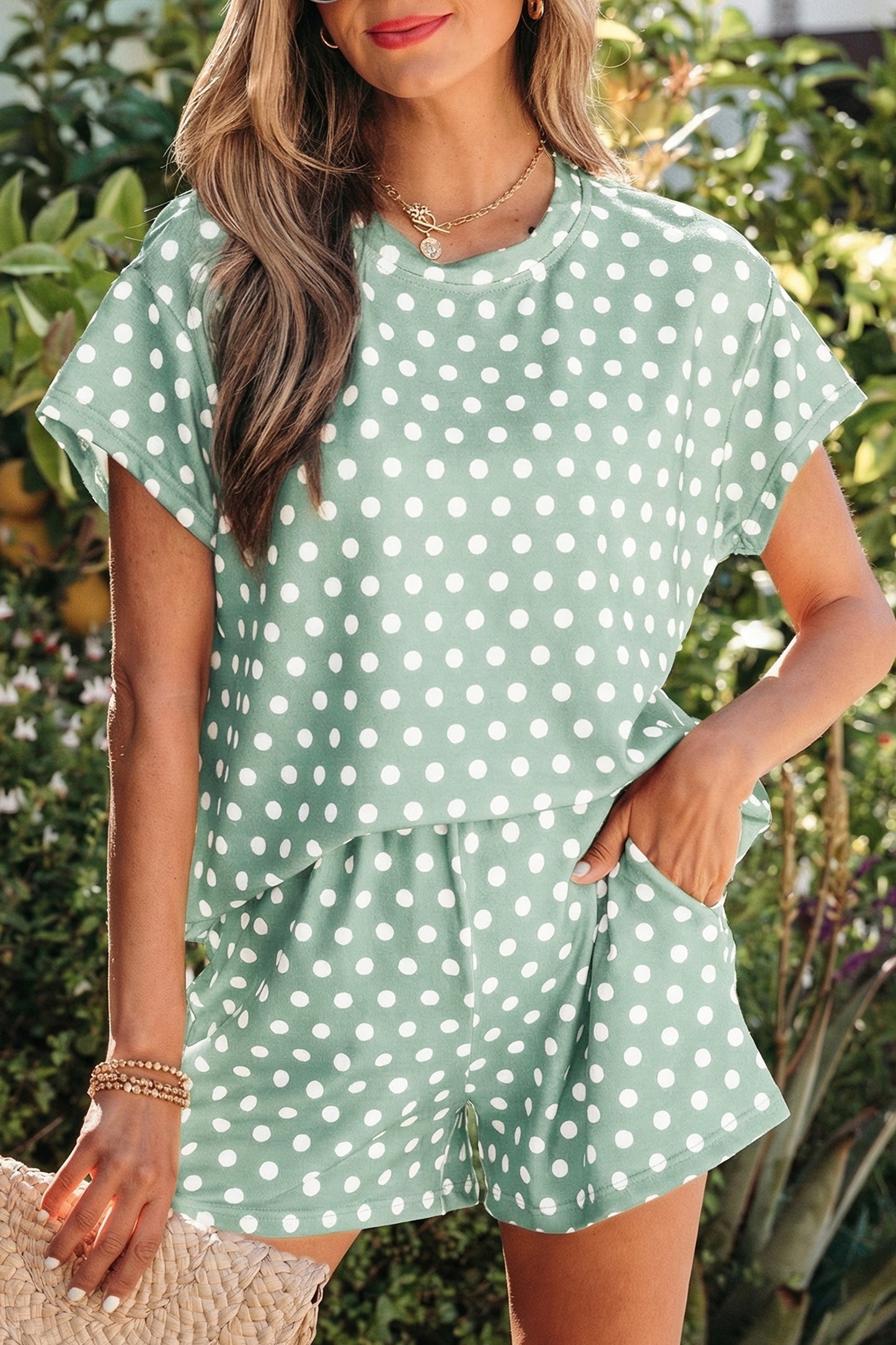 Polka Dot Lounge Short Set Casual Two Piece Outfit